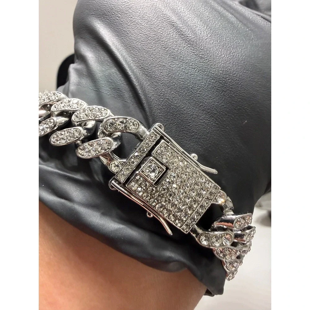 cuban bracelet iced out vvcsz stones over stainless 8 imch 13mm triple lock box
